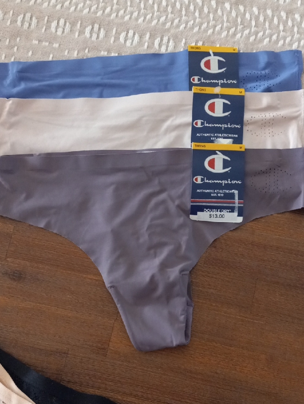 Champion Seamless Thong 3-Pack in Periwinkle, White, and Gray